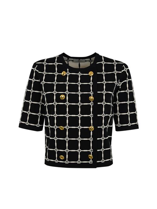 Cardigan in maglia jacquard nero/burro con bottoni dorati Elisabetta Franchi | MK60B51E2685